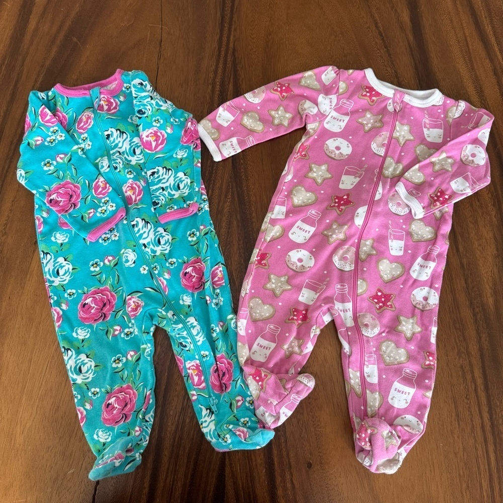 Wonder Nation Baby Girl Floral and Pink Zip One Piece Pajama Set of 2 6-9M